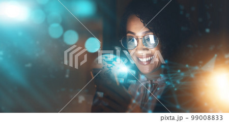 Business woman, overlay and global tech at night for network connection and information technology. Iot, smile and future 3d world hologram mockup, person in dark workplace for digital data research Business woman, overlay and global tech at night for network connection and information technology. Iot, smile and future 3d world hologram mockup, person in dark workplace for digital data research 99008833