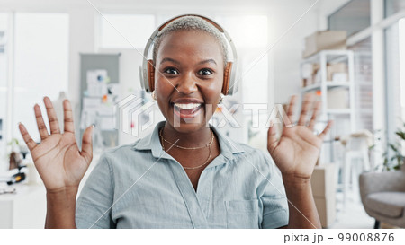 Video call, communication and delivery with a woman courier talking while holding a box or package in her office. Ecommerce, marketing and advertising with a shipping or logistics professional online Video call, communication and delivery with a woman courier talking while holding a box or package in her office. Ecommerce, marketing and advertising with a shipping or logistics professional online 99008876