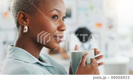 Black woman drink coffee, thinking and relax in work office remember happy memory on job break. Young, calm and South African girl employee or manager smile, enjoy and drinking relaxing morning tea Black woman drink coffee, thinking and relax in work office remember happy memory on job break. Young, calm and South African girl employee or manager smile, enjoy and drinking relaxing morning tea 99008933