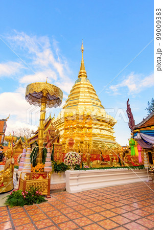 Golden pagoda at Phra That Doi Suthep Temple in Chiang Mai, Thailand. Golden pagoda at Phra That Doi Suthep Temple in Chiang Mai, Thailand. 99009383