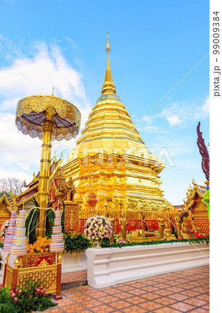 Golden pagoda at Phra That Doi Suthep Temple in Chiang Mai, Thailand. Golden pagoda at Phra That Doi Suthep Temple in Chiang Mai, Thailand. 99009384