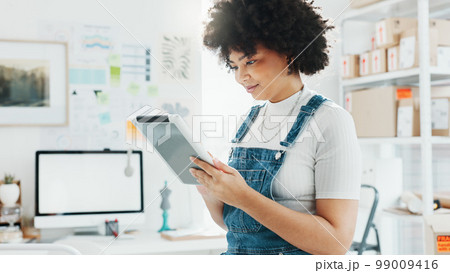 Delivery, ecommerce and tablet with woman in warehouse with business checklist for logistics, online shopping and storage inventory. Shipping, cargo and supply chain with employee in store factory 99009416