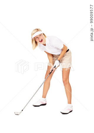 Woman, golf and stick ready for sports game, match or fun golfing against a white studio background. Happy blond female golfer isolated in sport with golf club screaming in frustration after shot 99009577