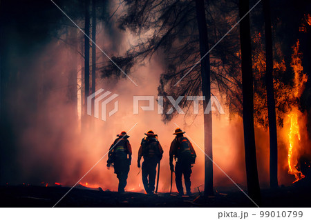 forest fire. firefighters extinguish the forest. Generative AI 99010799