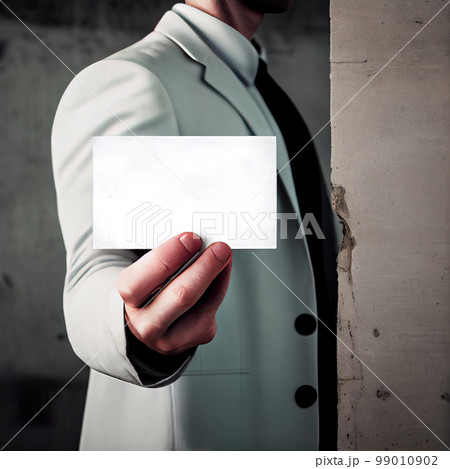 Man holding white business card. Generative AI 99010902