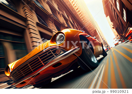 old car speeding down the street. Generative AI old car speeding down the street. Generative AI 99010921