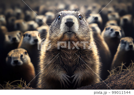 groundhog day. groundhog close-up realistic drawing. Generative AI 99011544