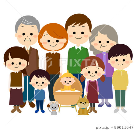 ペットを飼っている3世代の大家族のイラスト素材 [99011647] - PIXTA