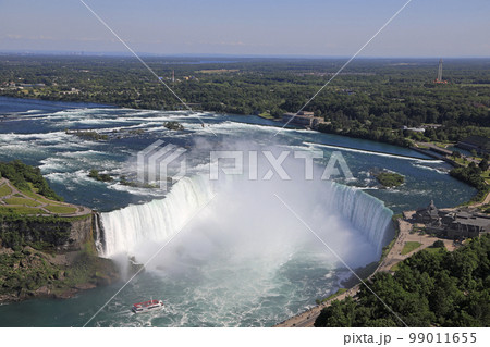 Aerial view of Horseshoe Falls including Hornblower Boat sailing on Niagara River, Canada and USA natural border 99011655