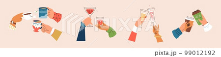 Hands holding various hot and refreshing drinks, vector illustration isolated. 99012192