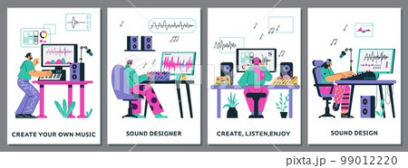 Music and sound design for video tracks and film, flat vector illustration. Music and sound design for video tracks and film, flat vector illustration. 99012220