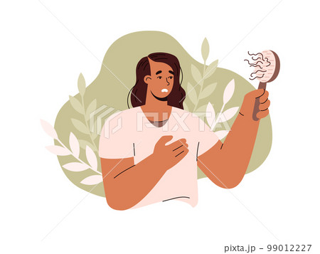 Woman worried about scalp condition and hair loss, vector illustration isolated. 99012227