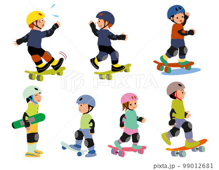 ヘルメットプロテクターを着けてスケボーで遊ぶこどもたち 99012681