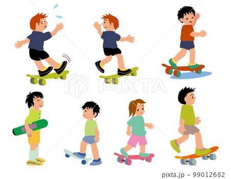 ヘルメットプロテクターを着けないでスケボーで遊ぶこどもたち 99012682