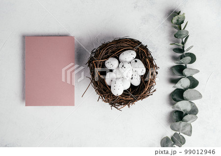 Easter composition of pink blank empty postcard on white background and quail eggs in nest near branch of eucalyptus Easter composition of pink blank empty postcard on white background and quail eggs in nest near branch of eucalyptus 99012946