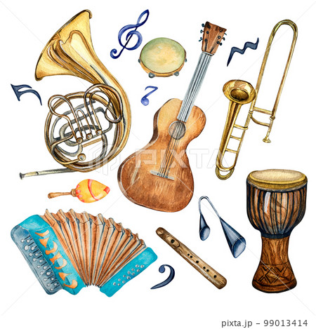 Set of musical instruments and symbol watercolor illustration isolated. 99013414