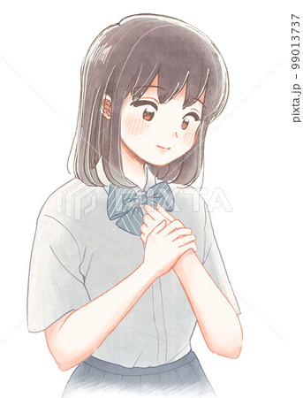 道徳教育向けイラスト・胸に手を当てて微笑む女子生徒 99013737