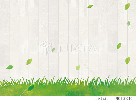 芝生と白い木の板背景水彩画 99013830