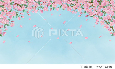 空と桜と桜の花びらが散る水彩画イラスト背景 99013846