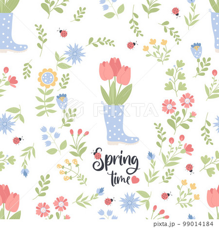 Spring time. Floral seamless pattern. Bouquet of tulips in rubber boot on white background with flowers and ladybugs. Vector illustration in flat style Spring time. Floral seamless pattern. Bouquet of tulips in rubber boot on white background with flowers and ladybugs. Vector illustration in flat style 99014184