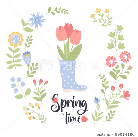 Spring time flower collection. Bouquet of tulips in rubber boot and variety of flowers, branches and plants. Vector illustration. Isolated elements in flat style for design, decor, postcards and print Spring time flower collection. Bouquet of tulips in rubber boot and variety of flowers, branches and plants. Vector illustration. Isolated elements in flat style for design, decor, postcards and print 99014186