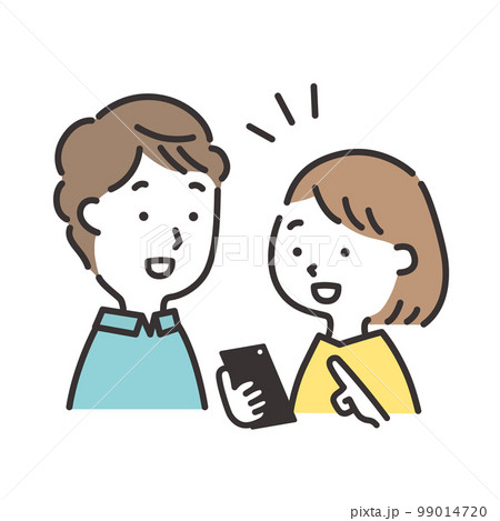 笑顔でスマホを操作する若い夫婦のイラスト 99014720