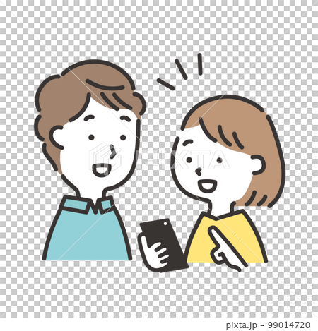 Illustration of a young couple operating a smartphone with a smile 99014720