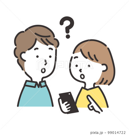 スマホを見ながら疑問顔の若い夫婦のイラスト 99014722
