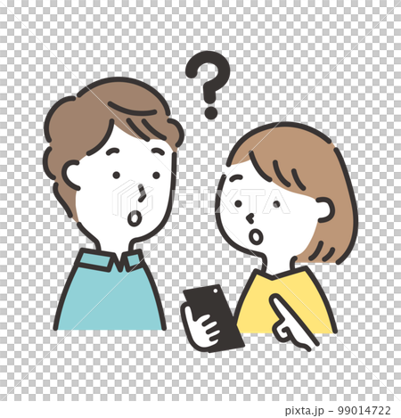 スマホを見ながら疑問顔の若い夫婦のイラスト 99014722