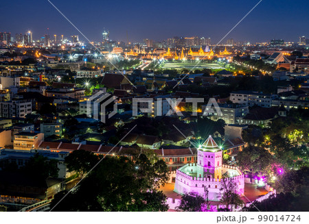 Phra Sumen Fort (in the bottom of the right hand side of the picture) with Bangkok cityscape at night. 99014724