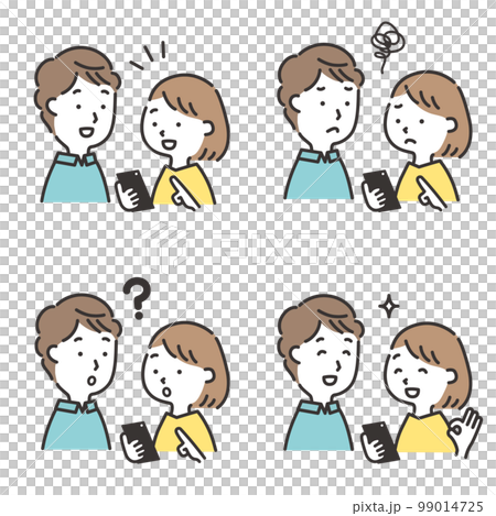 一緒にスマホを覗き込む若い夫婦の表情セット 99014725