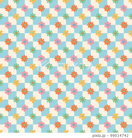Groovy hippie Happy Easter seamless pattern. Backgrounds with flower in trendy retro 60s 70s cartoon style. 99014742