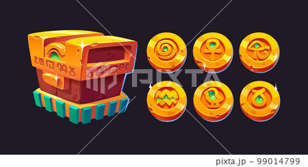 Ancient Egyptian treasure chest and gold coins 99014799