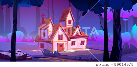 Forest landscape with house and trees at night 99014979