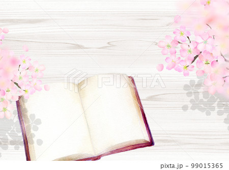 古い本と桜　読書イメージ　水彩イラスト 99015365