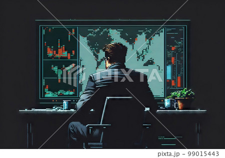 Businessman looking at computer monitors to trade stock financial analysis pixel art style graphic. Businessman looking at computer monitors to trade stock financial analysis pixel art style graphic. 99015443