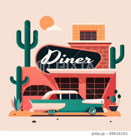 Old diner with cafe and parking in desert. Vector cartoon illustration of desert landscape with small hotel building with billboard and road with car 99016101