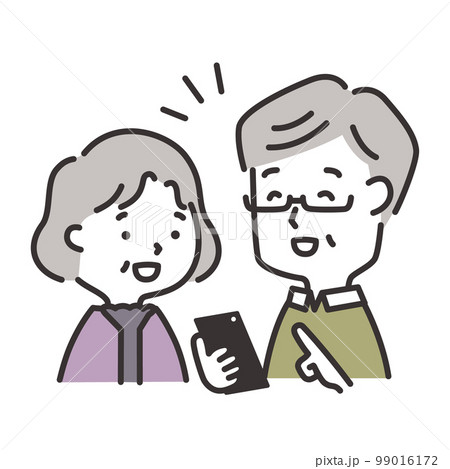 笑顔でスマホを操作する高齢夫婦のイラスト 99016172