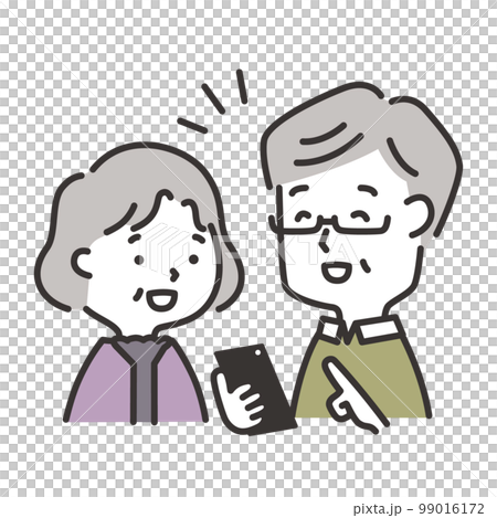笑顔でスマホを操作する高齢夫婦のイラスト 99016172