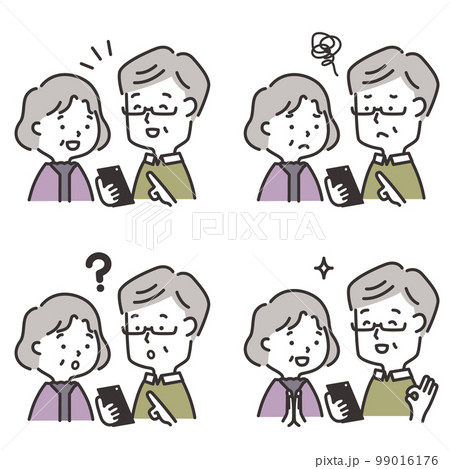 一緒にスマホを覗き込む高齢夫婦の表情セット 一緒にスマホを覗き込む高齢夫婦の表情セット 99016176