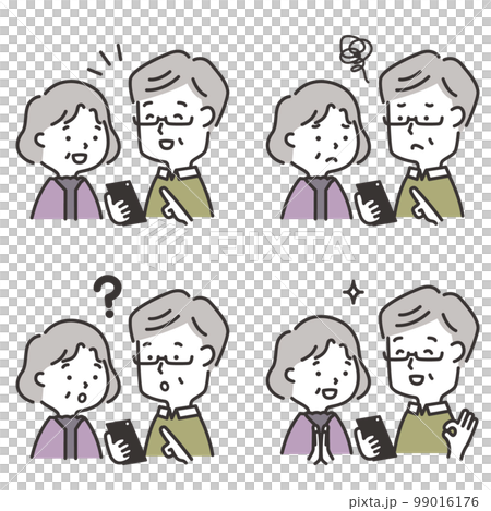 一緒にスマホを覗き込む高齢夫婦の表情セット 一緒にスマホを覗き込む高齢夫婦の表情セット 99016176