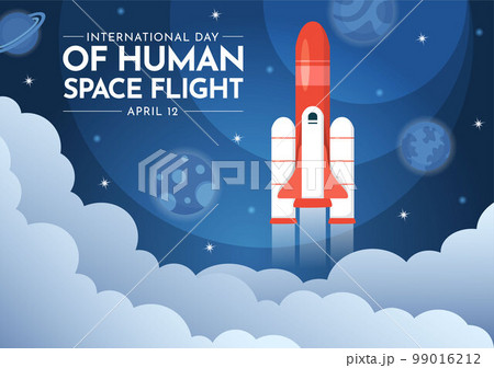 International Human Space Flight Day on April 12 Illustration with Rocket and Kids Astronaut in Flat Cartoon Hand Drawn for Landing Page Templates 99016212