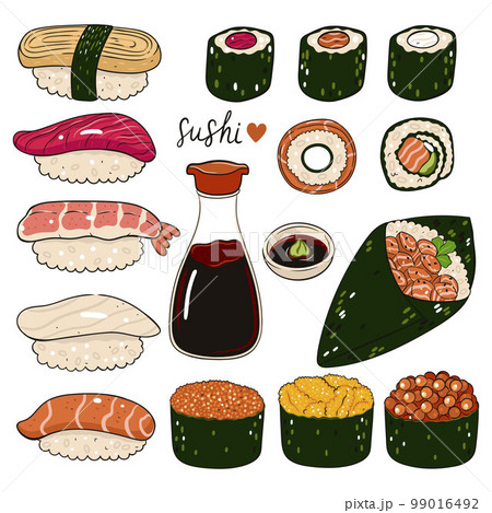 Set of different types of sushi and soy sauce isolated on white background. Vector graphics. 99016492