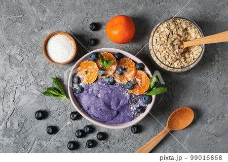 Concept of healthy food with acai smoothie, top view 99016868