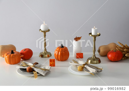 Concept of Thanksgiving day, Autumn table setting on white table 99016982