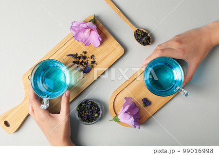Concept of tasty hot drink, Anchan tea, top view 99016998