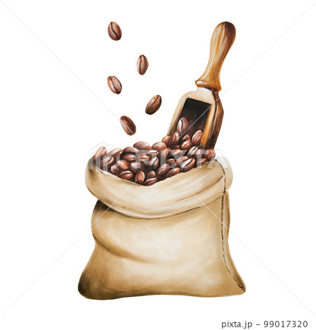 Watercolor bag of coffee beans illustration. Hand painting on a white isolated background. For designers, menu, shop, bar, bistro, restaurant, for postcards, wrapping paper, covers. For posters and Watercolor bag of coffee beans illustration. Hand painting on a white isolated background. For designers, menu, shop, bar, bistro, restaurant, for postcards, wrapping paper, covers. For posters and 99017320
