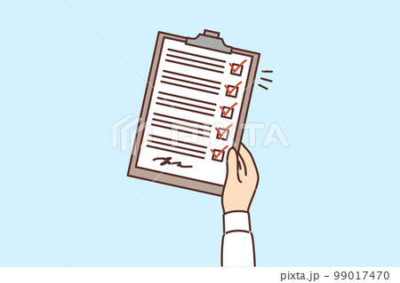 Man hand with clipboard with questionnaire consisting of checkboxes and signature 99017470