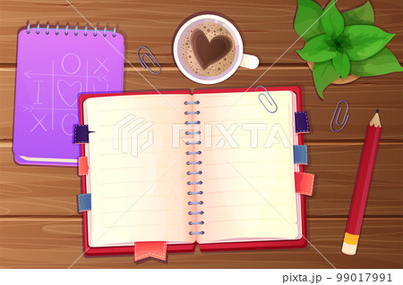 Workplace with stationary, cup of coffee with heart, notebook, paper notes top view on wooden desk, table in cartoon style. Workplace with stationary, cup of coffee with heart, notebook, paper notes top view on wooden desk, table in cartoon style. 99017991
