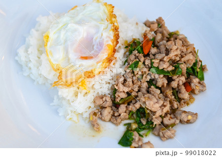 holy basil minced pork, Stir fried Thai basil with minced pork and a fried egg on white plate holy basil minced pork, Stir fried Thai basil with minced pork and a fried egg on white plate 99018022